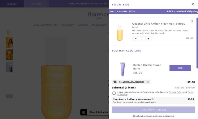 Florence by Mills checkout page showing Florence by Mills discount code box | Screenshot taken by SimplyCodes community member on Aug 23, 2025