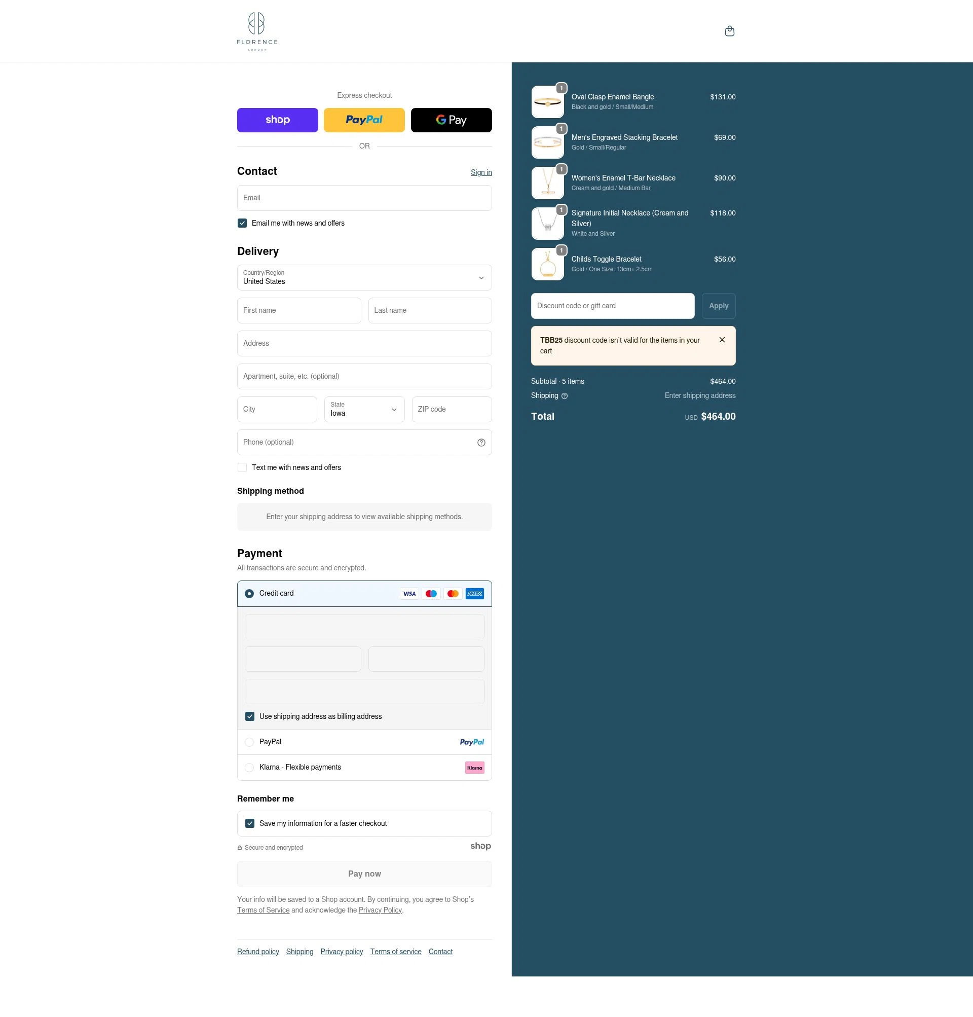 Florence London checkout page showing Florence London discount code box | Screenshot taken by SimplyCodes community member on Dec 28, 2025