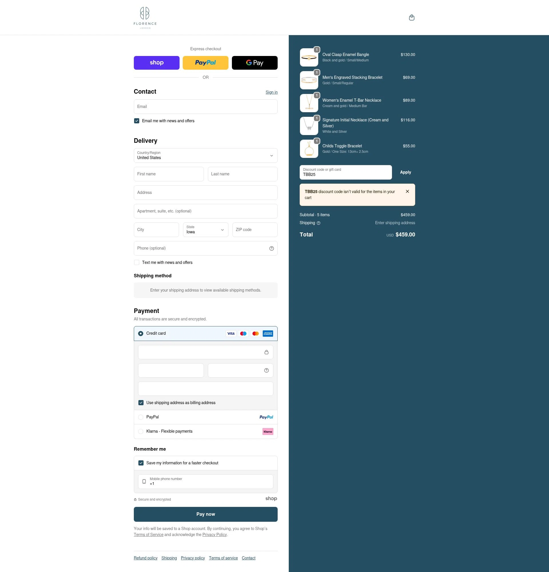 Florence London checkout page showing Florence London discount code box | Screenshot taken by SimplyCodes community member on Dec 16, 2025
