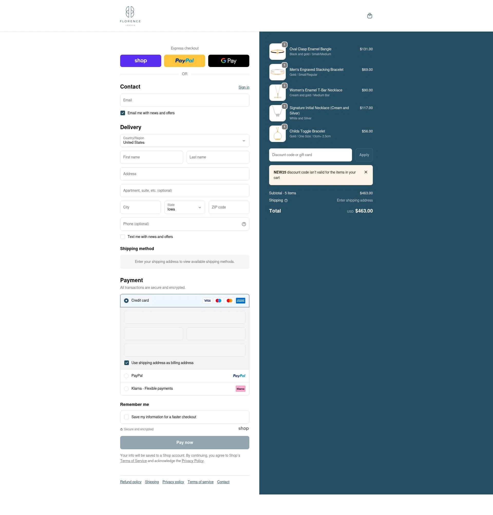 Florence London checkout page showing Florence London discount code box | Screenshot taken by SimplyCodes community member on Dec 23, 2025