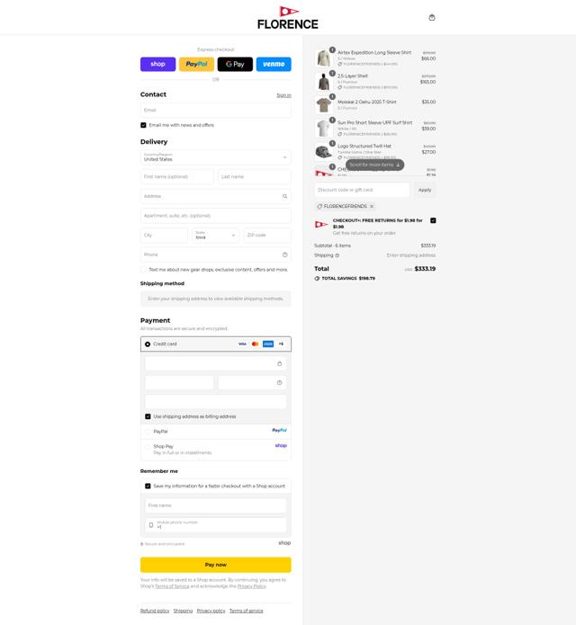 Florence Marine X checkout page showing Florence Marine X discount code box | Screenshot taken by SimplyCodes community member on Sep 12, 2025