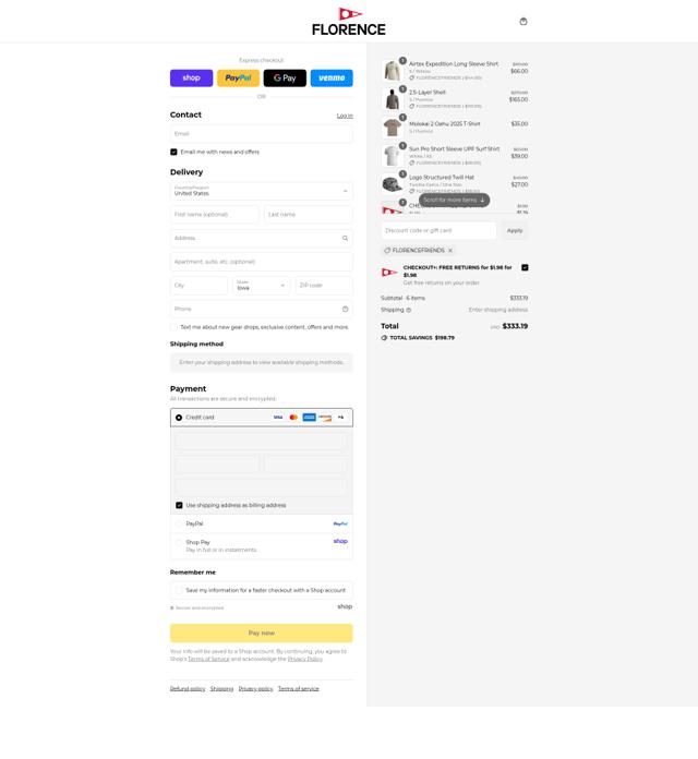 Florence Marine X checkout page showing Florence Marine X discount code box | Screenshot taken by SimplyCodes community member on Sep 8, 2025