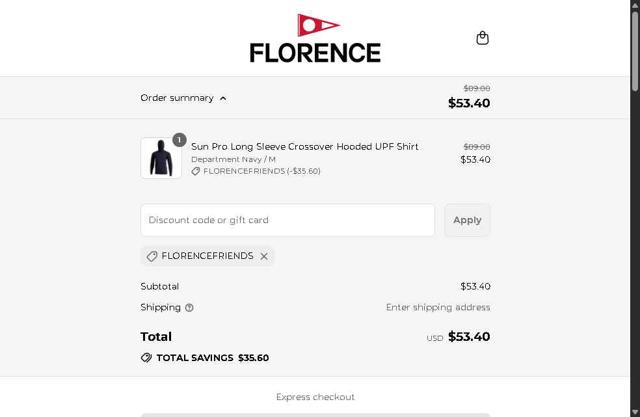Florence Marine X checkout page showing Florence Marine X discount code box | Screenshot taken by SimplyCodes community member on Sep 3, 2025