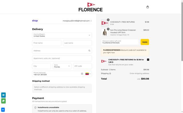 Florence Marine X checkout page showing Florence Marine X discount code box | Screenshot taken by SimplyCodes community member on Sep 10, 2025