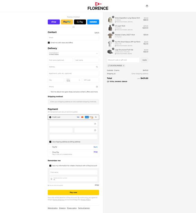 Florence Marine X checkout page showing Florence Marine X discount code box | Screenshot taken by SimplyCodes community member on Aug 31, 2025