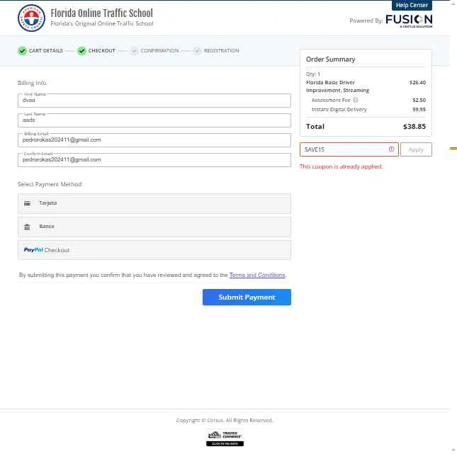 Florida Online Traffic School checkout page showing Florida Online Traffic School promo code box | Screenshot taken by SimplyCodes community member on Nov 1, 2025