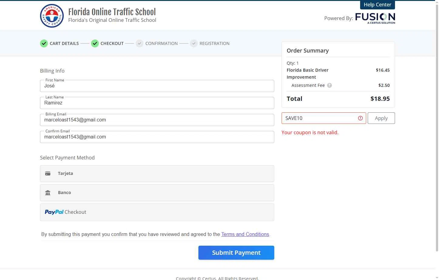 Florida Online Traffic School checkout page showing Florida Online Traffic School promo code box | Screenshot taken by SimplyCodes community member on Jul 8, 2025