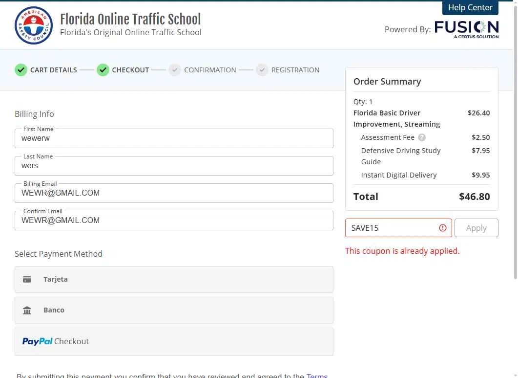 Florida Online Traffic School checkout page showing Florida Online Traffic School promo code box | Screenshot taken by SimplyCodes community member on Nov 1, 2025