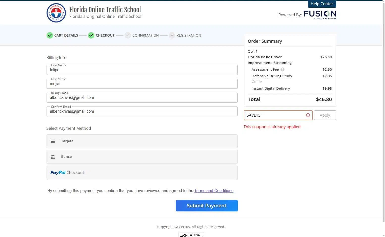 Florida Online Traffic School checkout page showing Florida Online Traffic School promo code box | Screenshot taken by SimplyCodes community member on Jul 8, 2025