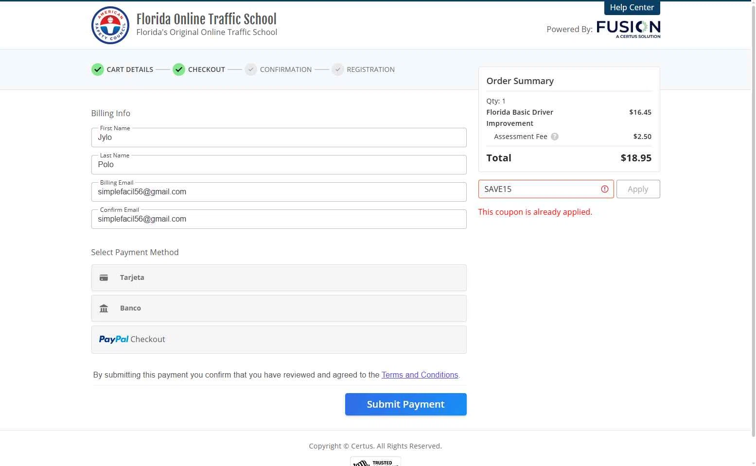 Florida Online Traffic School checkout page showing Florida Online Traffic School promo code box | Screenshot taken by SimplyCodes community member on Aug 6, 2025