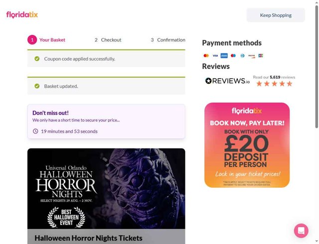 FloridaTix checkout page showing FloridaTix discount code box | Screenshot taken by SimplyCodes community member on Aug 6, 2025