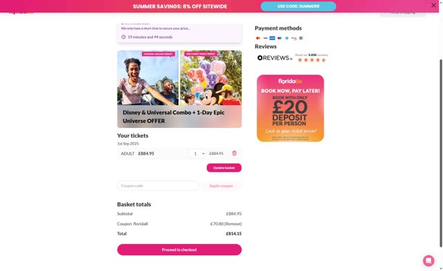 FloridaTix checkout page showing FloridaTix discount code box | Screenshot taken by SimplyCodes community member on Aug 22, 2025