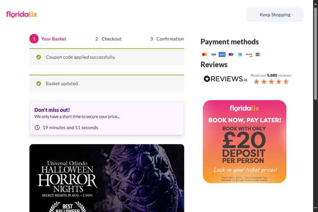 FloridaTix checkout page showing FloridaTix discount code box | Screenshot taken by SimplyCodes community member on Sep 4, 2025
