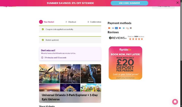 FloridaTix checkout page showing FloridaTix discount code box | Screenshot taken by SimplyCodes community member on Jul 26, 2025