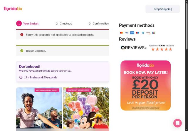 FloridaTix checkout page showing FloridaTix discount code box | Screenshot taken by SimplyCodes community member on Aug 29, 2025