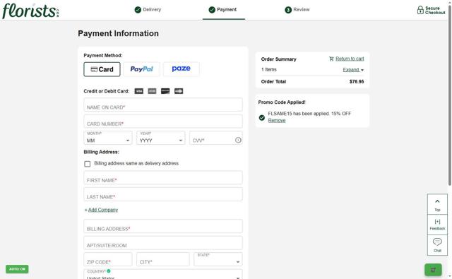 Florists.com checkout page showing Florists.com coupon code box | Screenshot taken by SimplyCodes community member on Sep 7, 2025