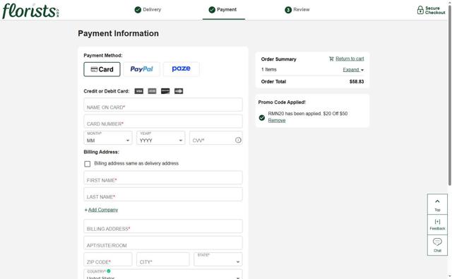 Florists.com checkout page showing Florists.com coupon code box | Screenshot taken by SimplyCodes community member on Jul 26, 2025