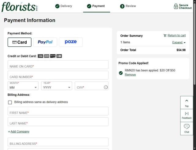 Florists.com checkout page showing Florists.com coupon code box | Screenshot taken by SimplyCodes community member on Aug 24, 2025