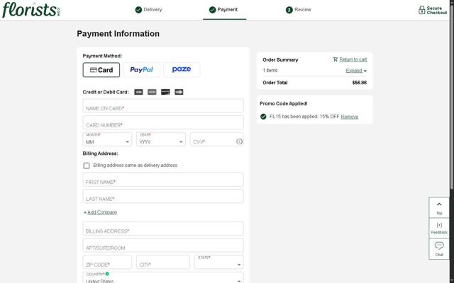 Florists.com checkout page showing Florists.com coupon code box | Screenshot taken by SimplyCodes community member on Jun 8, 2025