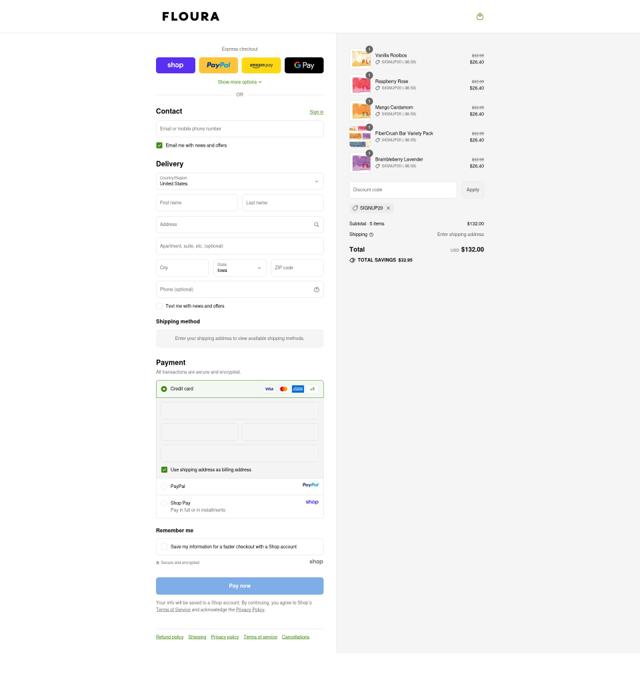 Floura checkout page showing Floura promo code box | Screenshot taken by SimplyCodes community member on Sep 15, 2025
