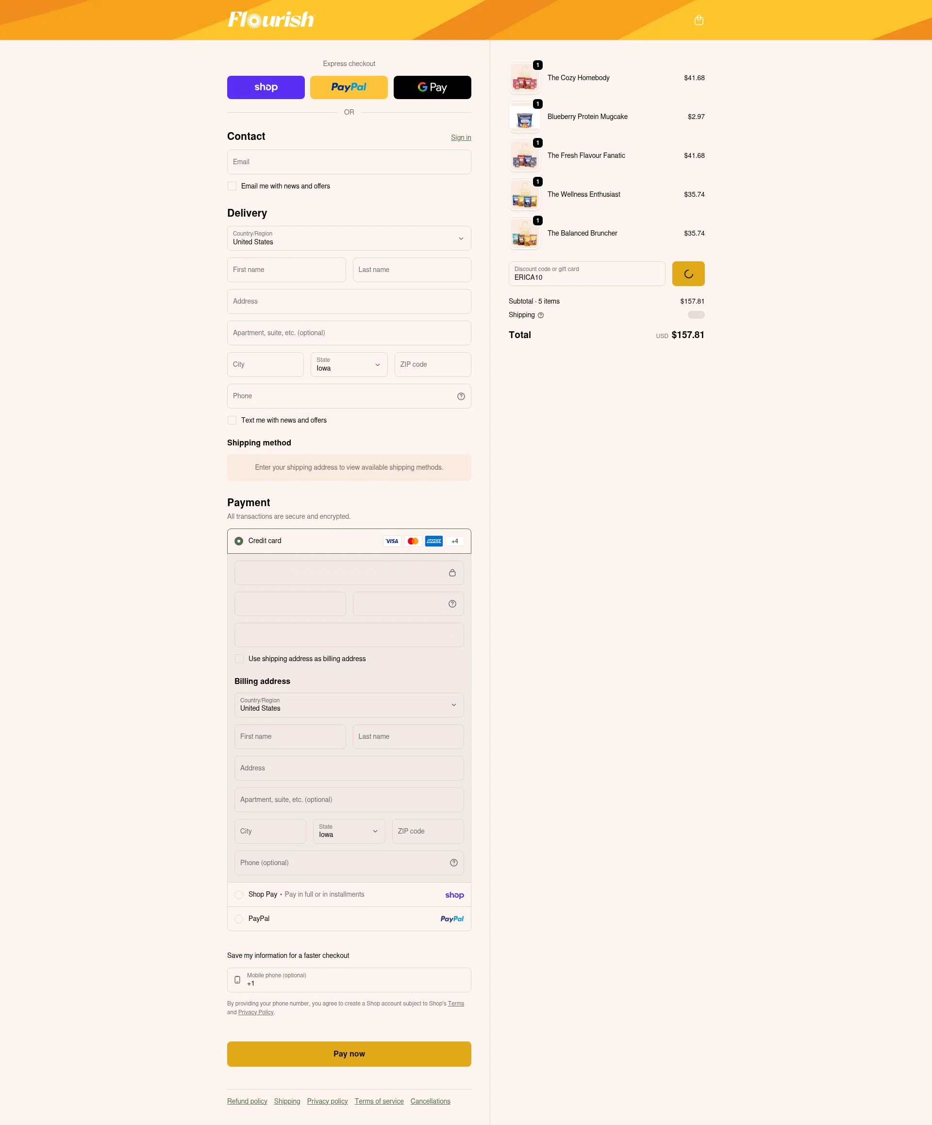 Flourish Pancakes checkout page showing Flourish Pancakes discount code box | Screenshot taken by SimplyCodes community member on Feb 6, 2026