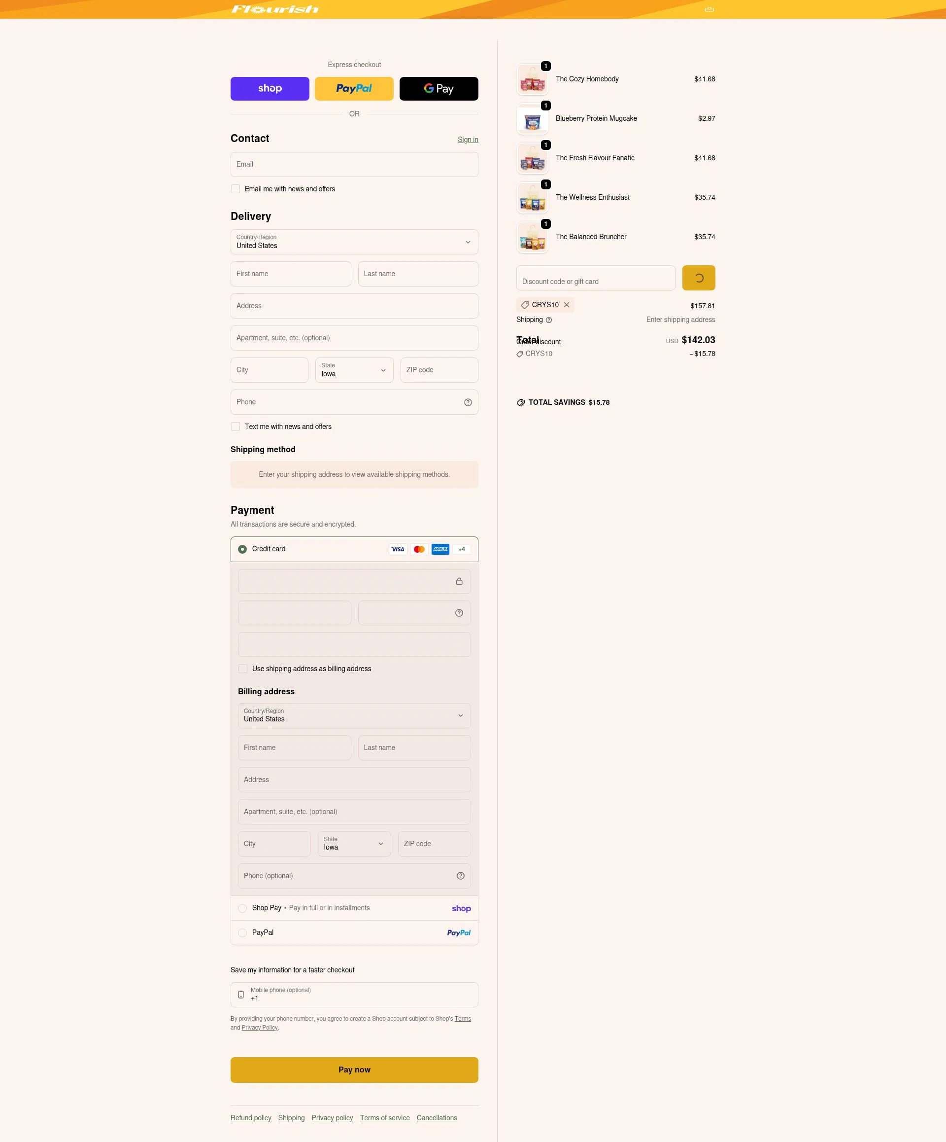 Flourish Pancakes checkout page showing Flourish Pancakes discount code box | Screenshot taken by SimplyCodes community member on Feb 6, 2026