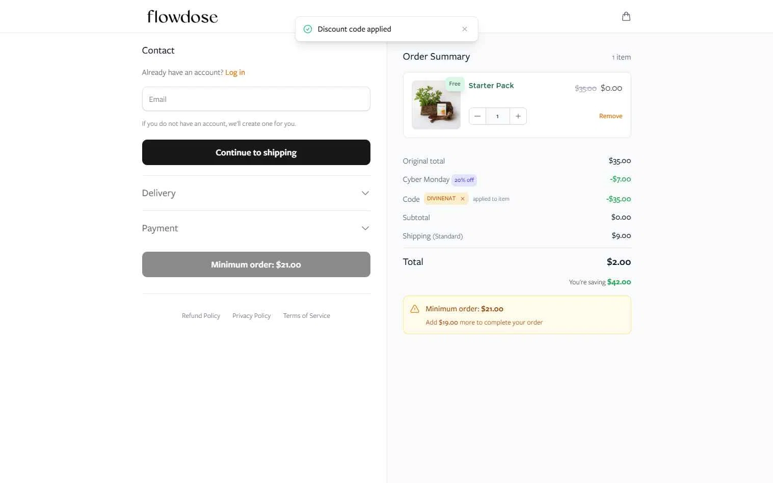 Flowdose checkout page showing Flowdose promo code box | Screenshot taken by SimplyCodes community member on Dec 27, 2025