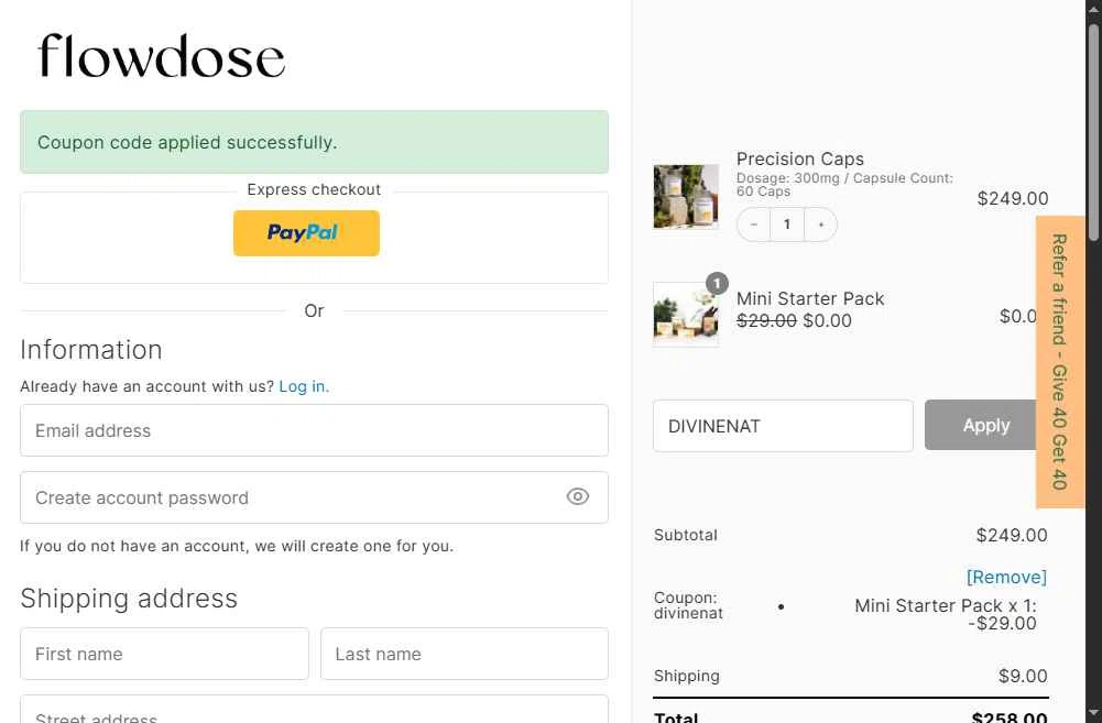Flowdose checkout page showing Flowdose promo code box | Screenshot taken by SimplyCodes community member on Oct 30, 2025