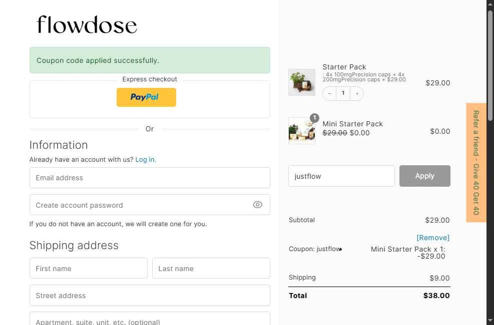 Flowdose checkout page showing Flowdose promo code box | Screenshot taken by SimplyCodes community member on Oct 29, 2025