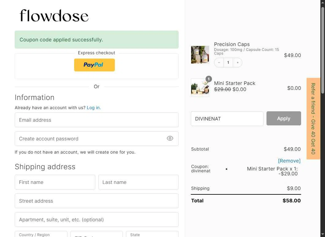 Flowdose checkout page showing Flowdose promo code box | Screenshot taken by SimplyCodes community member on Oct 30, 2025