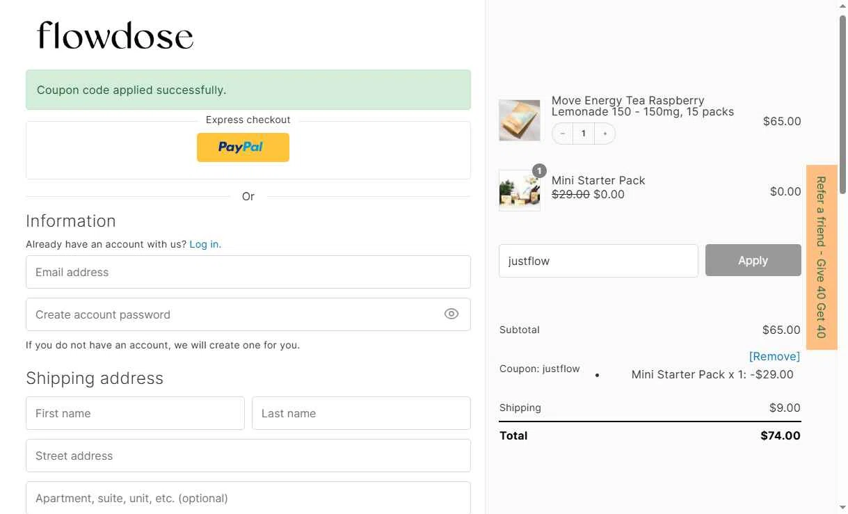 Flowdose checkout page showing Flowdose promo code box | Screenshot taken by SimplyCodes community member on Nov 11, 2025