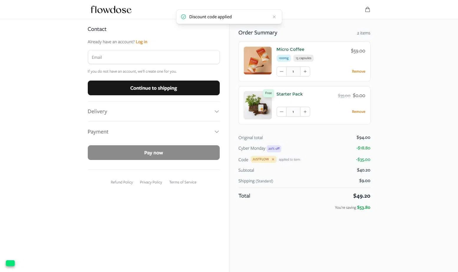 Flowdose checkout page showing Flowdose promo code box | Screenshot taken by SimplyCodes community member on Dec 10, 2025