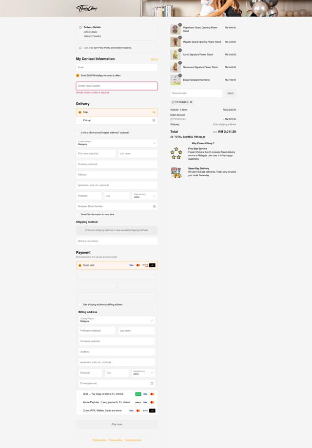 Flower Chimp checkout page showing Flower Chimp promo code box | Screenshot taken by SimplyCodes community member on Sep 16, 2025