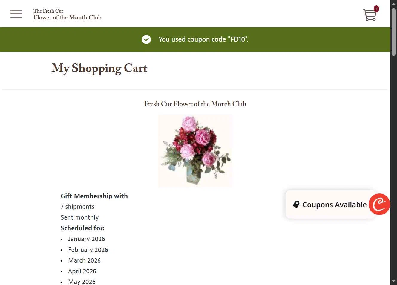 Flower of the Month Club checkout page showing Flower of the Month Club promo code box | Screenshot taken by SimplyCodes community member on Jan 6, 2026