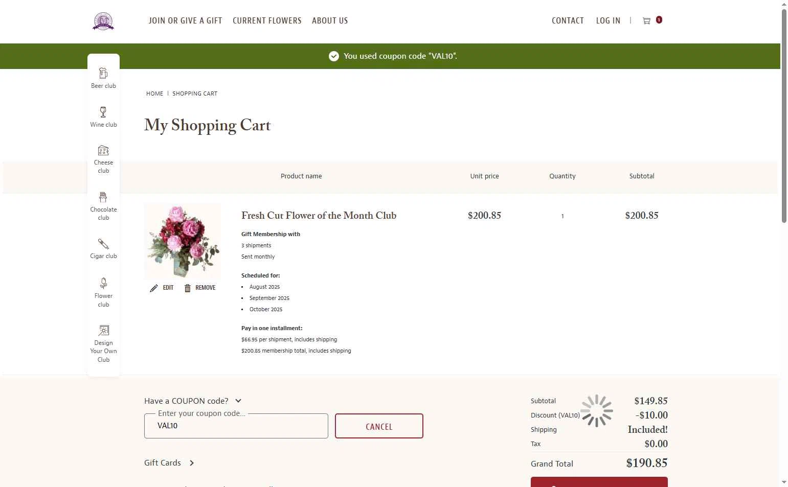 Flower of the Month Club checkout page showing Flower of the Month Club promo code box | Screenshot taken by SimplyCodes community member on Jul 8, 2025