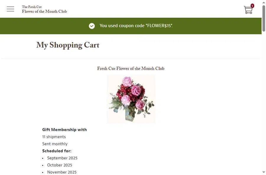 Flower of the Month Club checkout page showing Flower of the Month Club promo code box | Screenshot taken by SimplyCodes community member on Jun 23, 2025