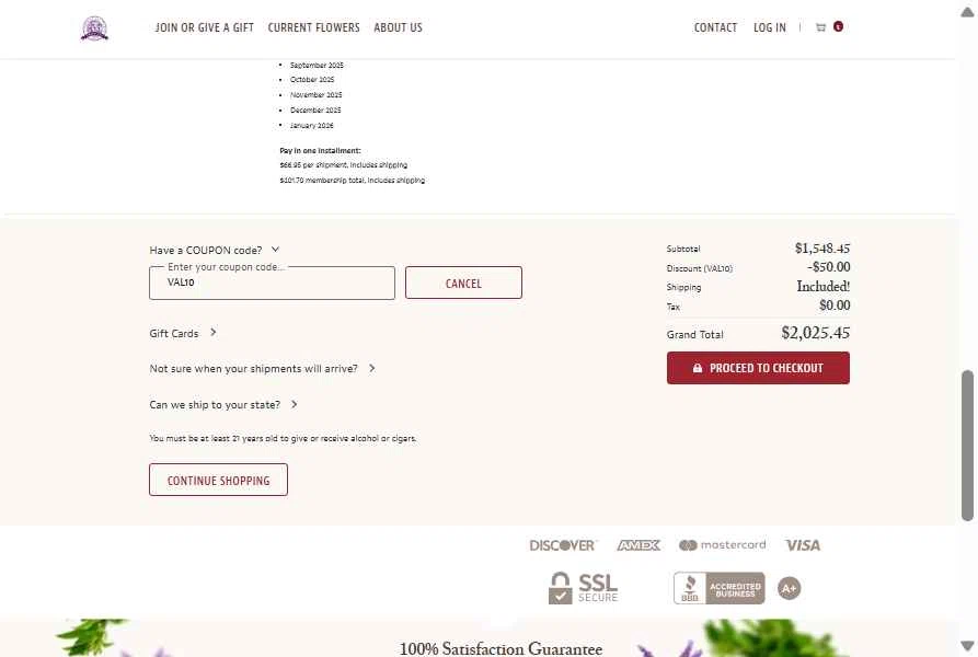 Flower of the Month Club checkout page showing Flower of the Month Club promo code box | Screenshot taken by SimplyCodes community member on Aug 6, 2025