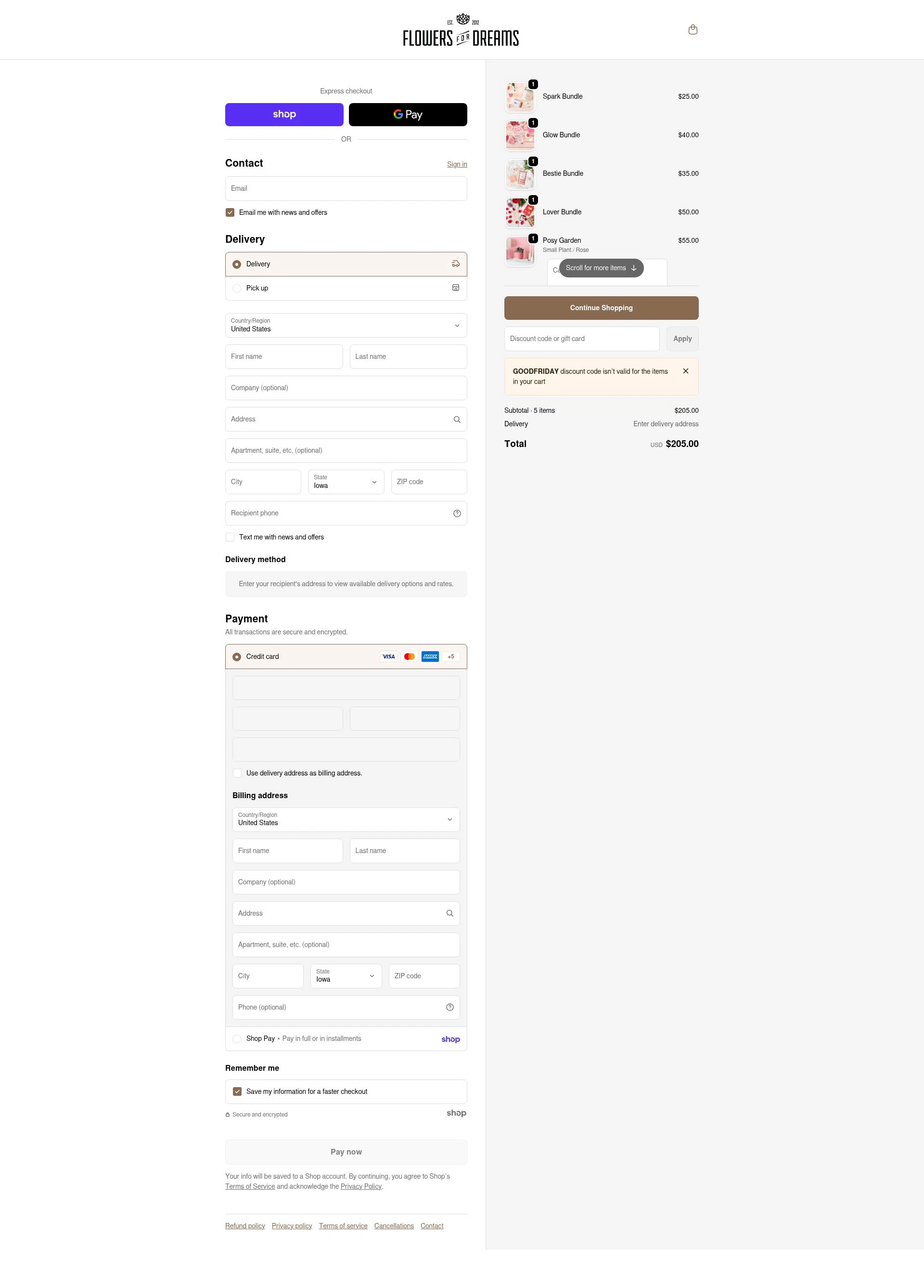 Flowers For Dreams checkout page showing Flowers For Dreams discount code box | Screenshot taken by SimplyCodes community member on Jan 24, 2026