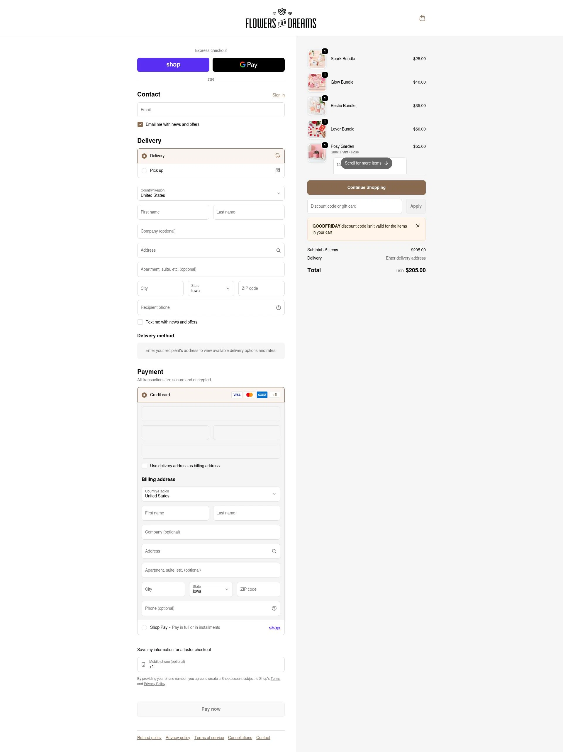 Flowers For Dreams checkout page showing Flowers For Dreams discount code box | Screenshot taken by SimplyCodes community member on Feb 2, 2026