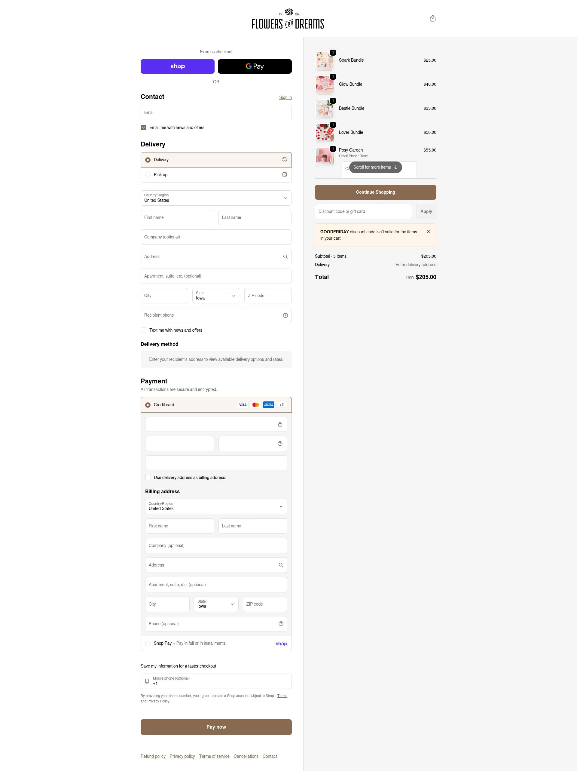 Flowers For Dreams checkout page showing Flowers For Dreams discount code box | Screenshot taken by SimplyCodes community member on Feb 6, 2026
