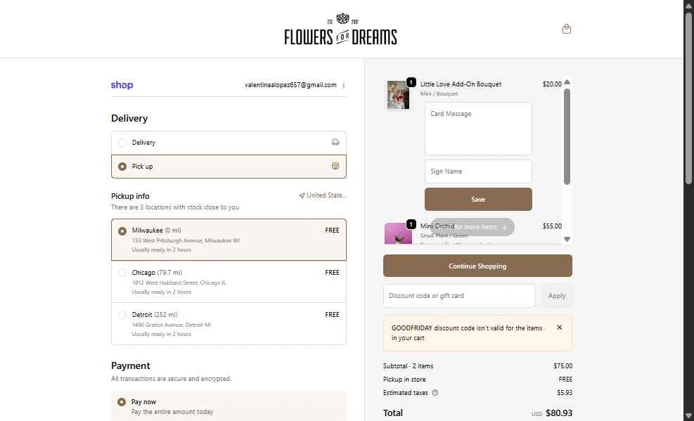 Flowers For Dreams checkout page showing Flowers For Dreams discount code box | Screenshot taken by SimplyCodes community member on Jan 22, 2026