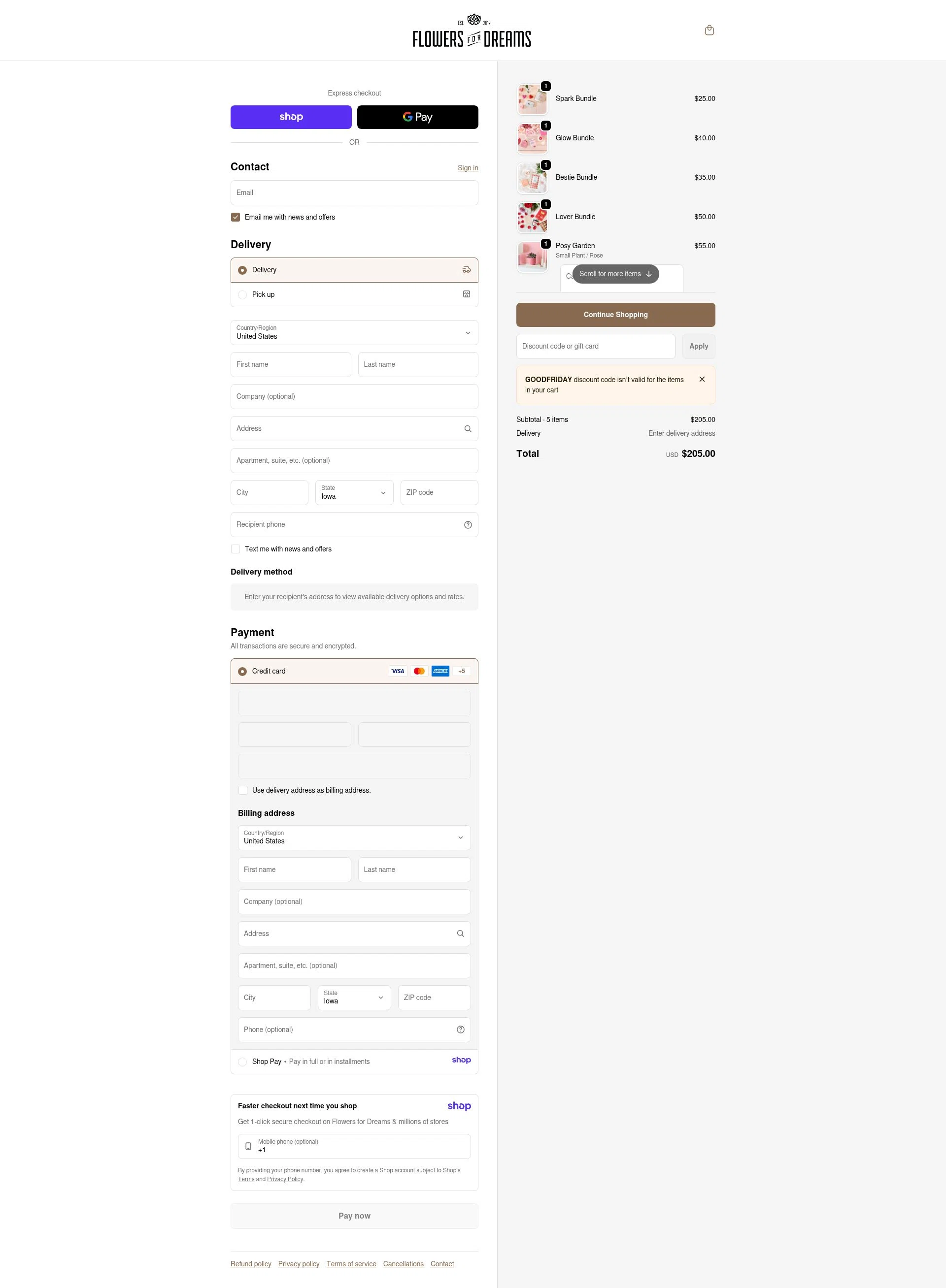 Flowers For Dreams checkout page showing Flowers For Dreams discount code box | Screenshot taken by SimplyCodes community member on Jan 19, 2026