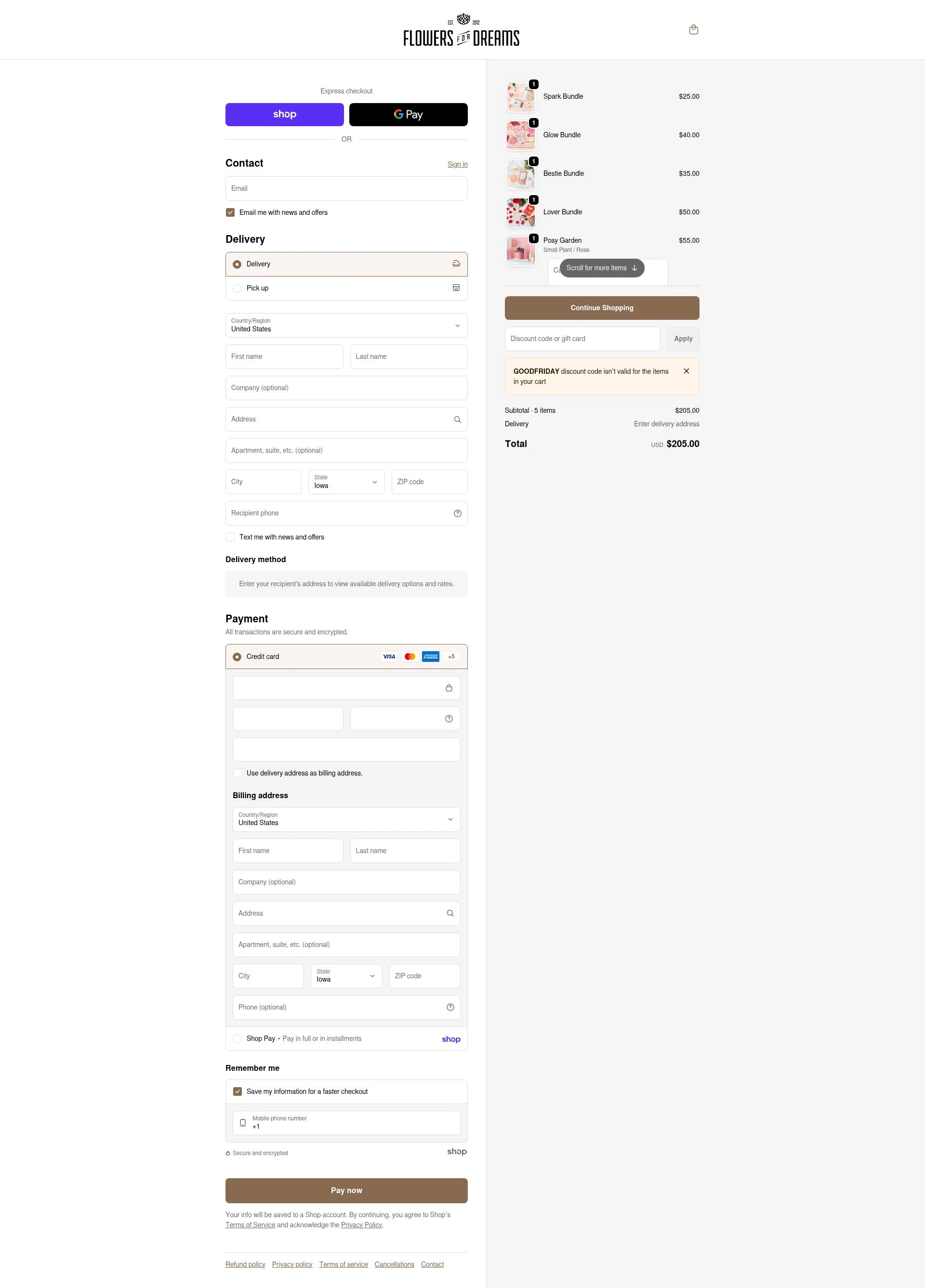 Flowers For Dreams checkout page showing Flowers For Dreams discount code box | Screenshot taken by SimplyCodes community member on Jan 28, 2026