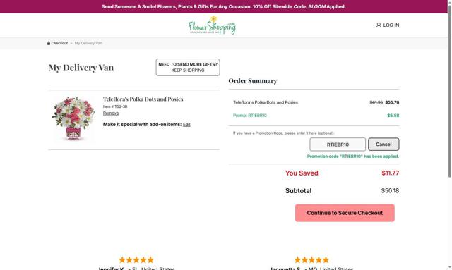 FlowerShopping.com checkout page showing FlowerShopping.com coupon code box | Screenshot taken by SimplyCodes community member on Aug 30, 2025