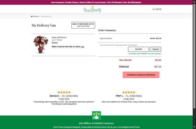 FlowerShopping.com checkout page showing FlowerShopping.com coupon code box | Screenshot taken by SimplyCodes community member on Sep 6, 2025