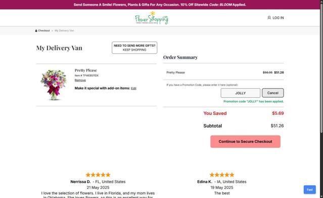 FlowerShopping.com checkout page showing FlowerShopping.com coupon code box | Screenshot taken by SimplyCodes community member on Jul 1, 2025