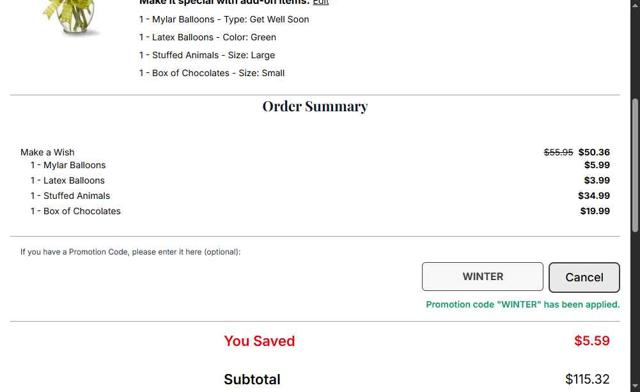 FlowerShopping.com checkout page showing FlowerShopping.com coupon code box | Screenshot taken by SimplyCodes community member on Jul 12, 2025