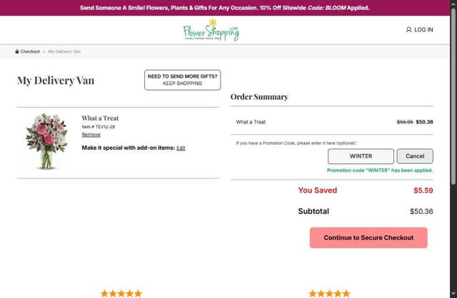 FlowerShopping.com checkout page showing FlowerShopping.com coupon code box | Screenshot taken by SimplyCodes community member on Sep 8, 2025