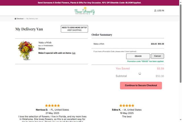 FlowerShopping.com checkout page showing FlowerShopping.com coupon code box | Screenshot taken by SimplyCodes community member on Jul 12, 2025
