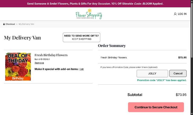 FlowerShopping.com checkout page showing FlowerShopping.com coupon code box | Screenshot taken by SimplyCodes community member on Jul 30, 2025